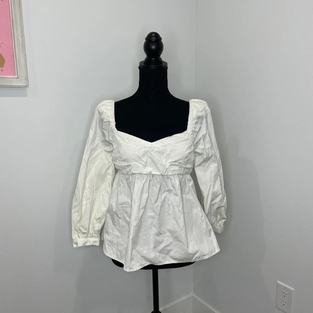 Open Edit White Puff Long Sleeve Babydoll Top